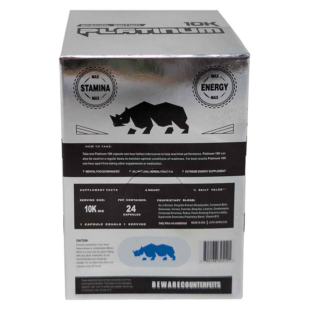 Rhino 10K Platinum – Heavy-Duty Enhancement Pills | 24CT Display